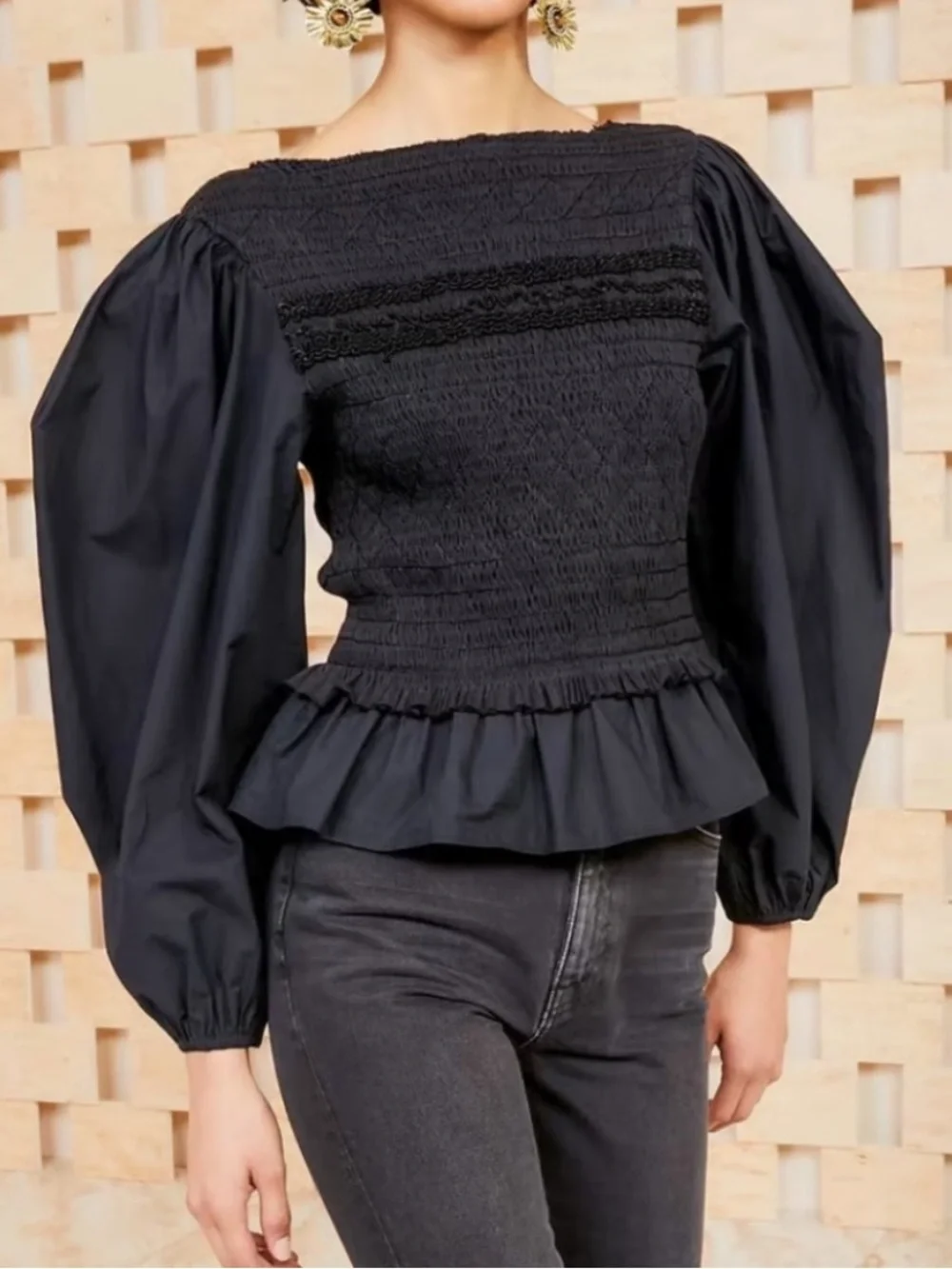 Ulla Johnson handmade black amelia smocked puff sleeve blouse womens 0